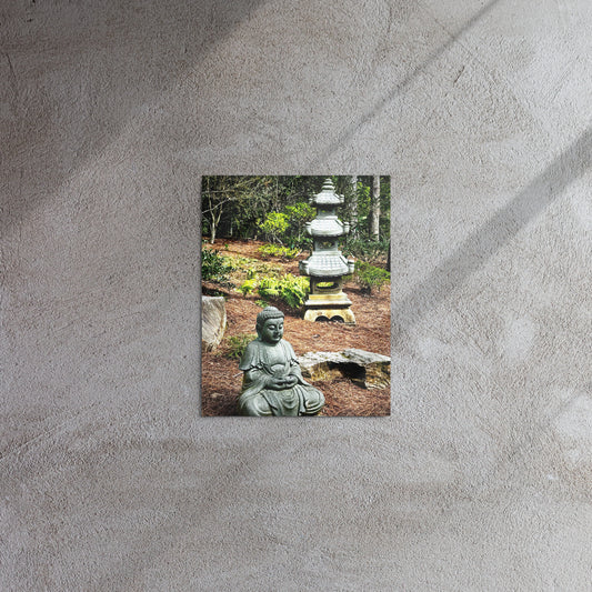 Buddha sitting in front of stone lantern - Metal prints